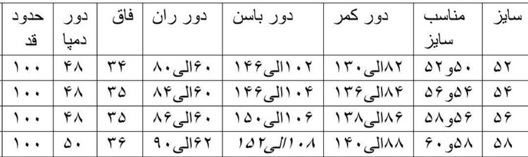 چارت سایزبندی